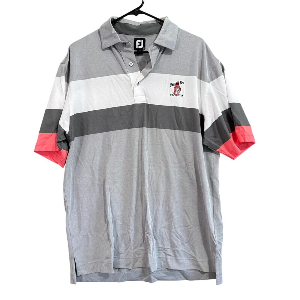 FootJoy Mens Shirt Gray Pink Stripe Golf Polo Comfort Quick Dry Stretch Large